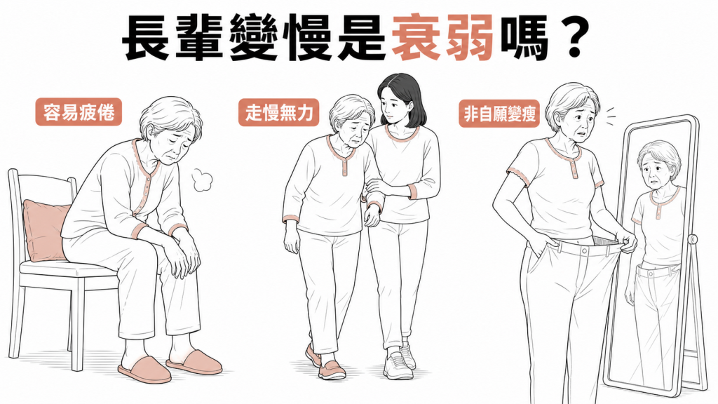 衰弱五個警訊、長輩疲倦走慢無力與非自願變瘦示意圖