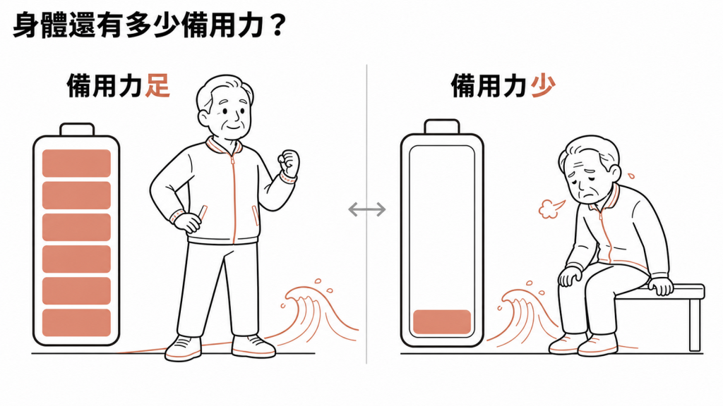 衰弱代表身體備用力量減少的電池比喻示意圖