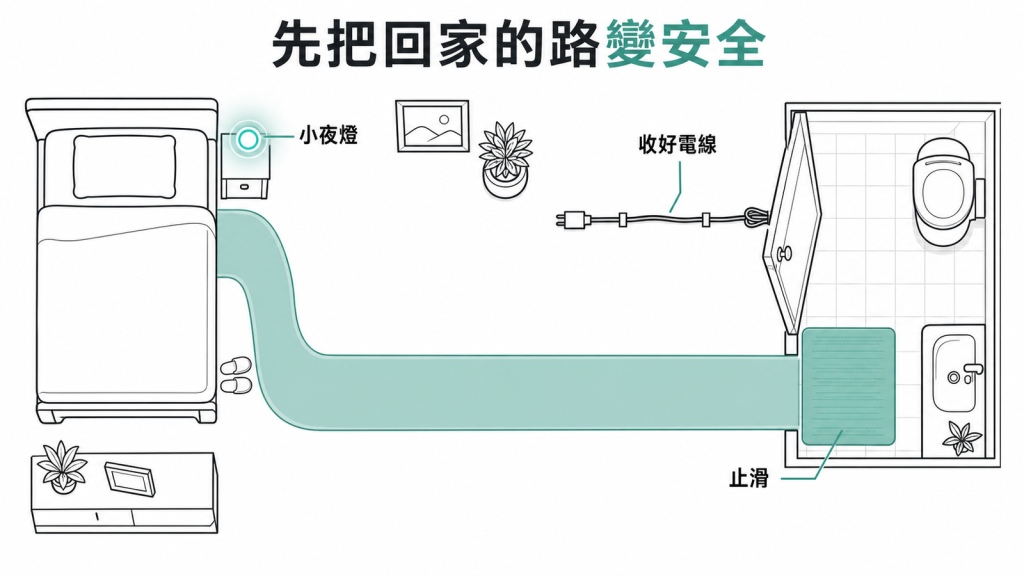 小夜燈止滑墊與收好電線可降低居家跌倒風險