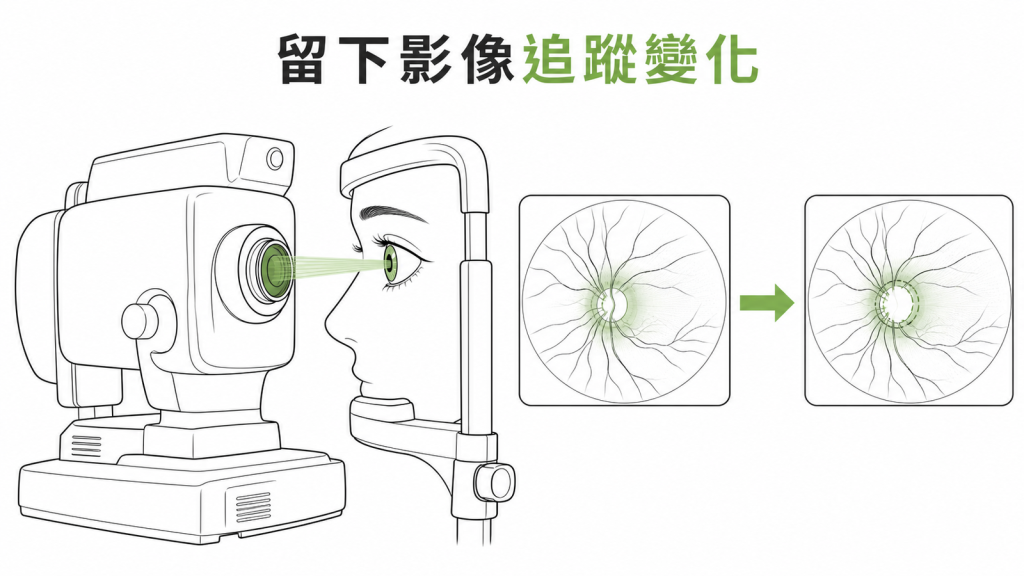以眼底攝影與視神經斷層影像前後比對追蹤變化的衛教圖