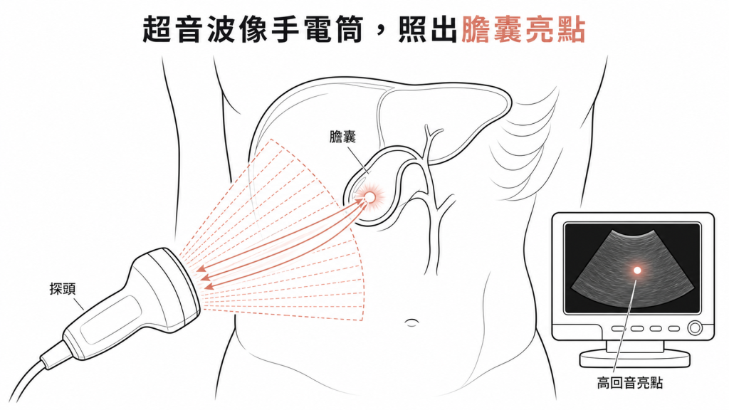 超音波探頭像手電筒掃描膽囊,結石或息肉會反射成高回音亮點