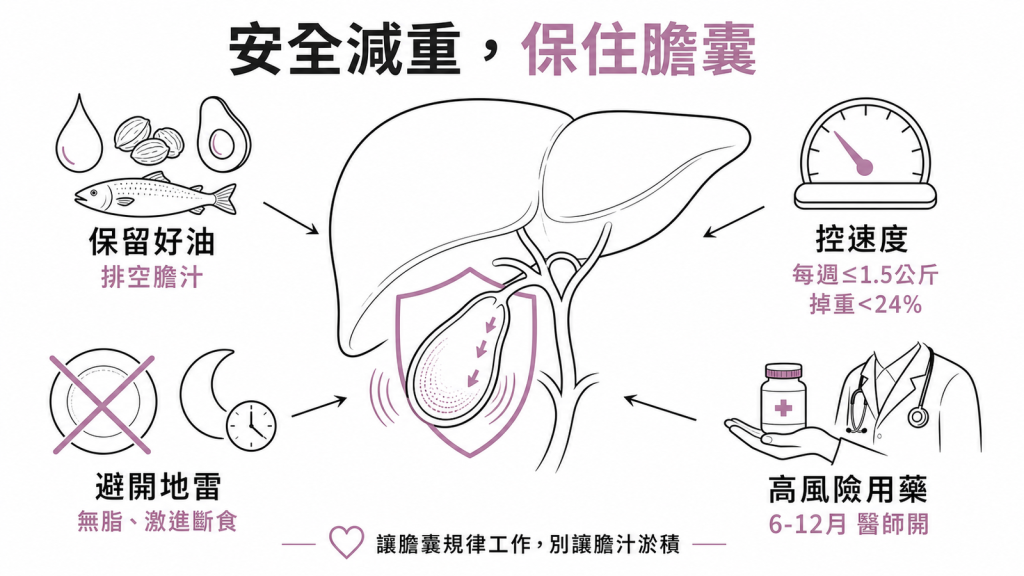安全減重保住膽囊:保留好油刺激膽囊排空、控制速度每週不超過1.5公斤掉重小於24%、避開無脂與激進斷食、高風險族群由醫師開熊去氧膽酸6到12月預防