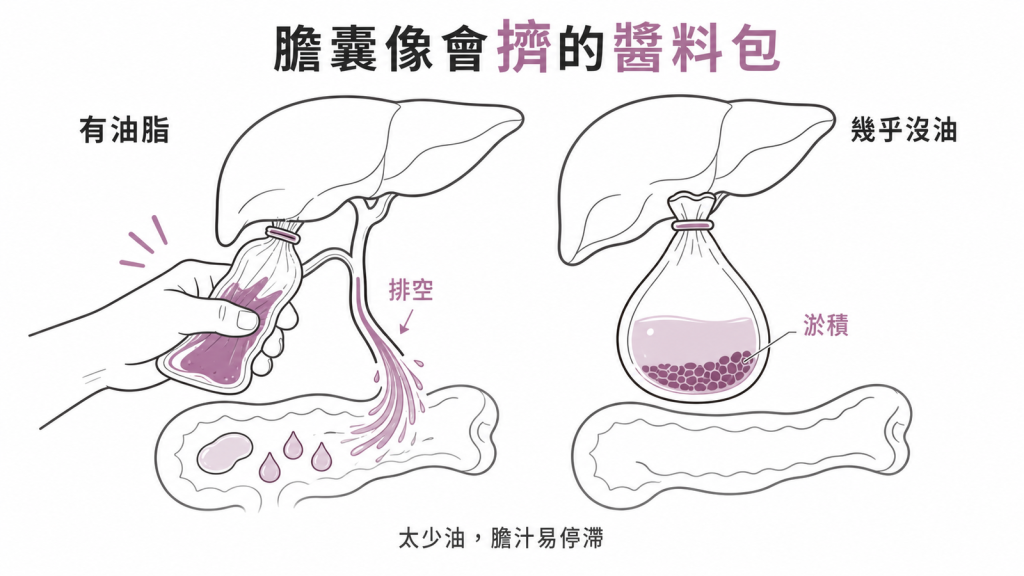 膽囊像會擠的醬料包,靠食物油脂刺激收縮把膽汁排進腸道消化脂肪,吃太清淡幾乎沒油時懶得擠、膽汁悶著不流動淤積成結石溫床