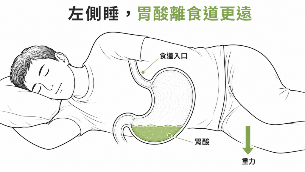 左側睡利用重力讓胃酸遠離食道入口示意圖
