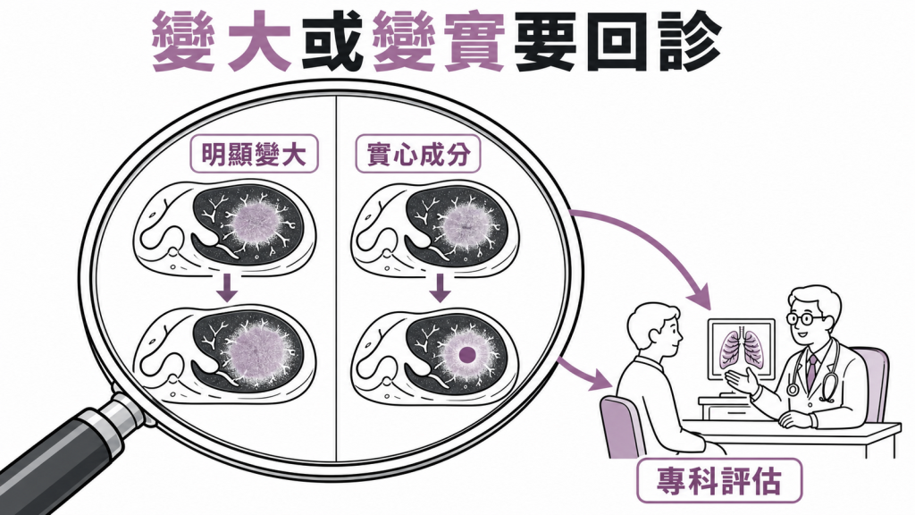 結節變大或出現實心成分應回診專科評估