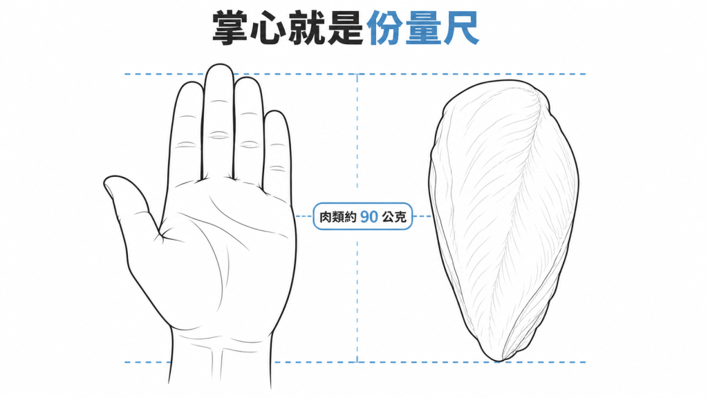 用掌心估算約九十公克肉類標準份量