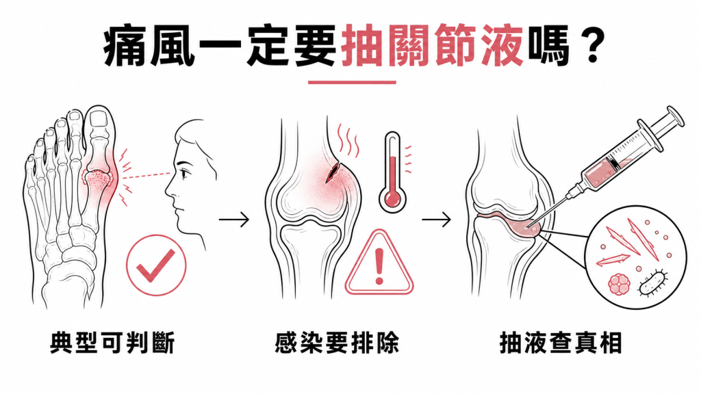 痛風是否需要抽關節液確診的資訊圖表:典型可臨床判斷、懷疑感染要排除、抽液做結晶分析查真相