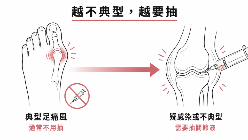典型足痛風通常不用抽關節液,懷疑感染或表現不典型時則需要抽關節液化驗