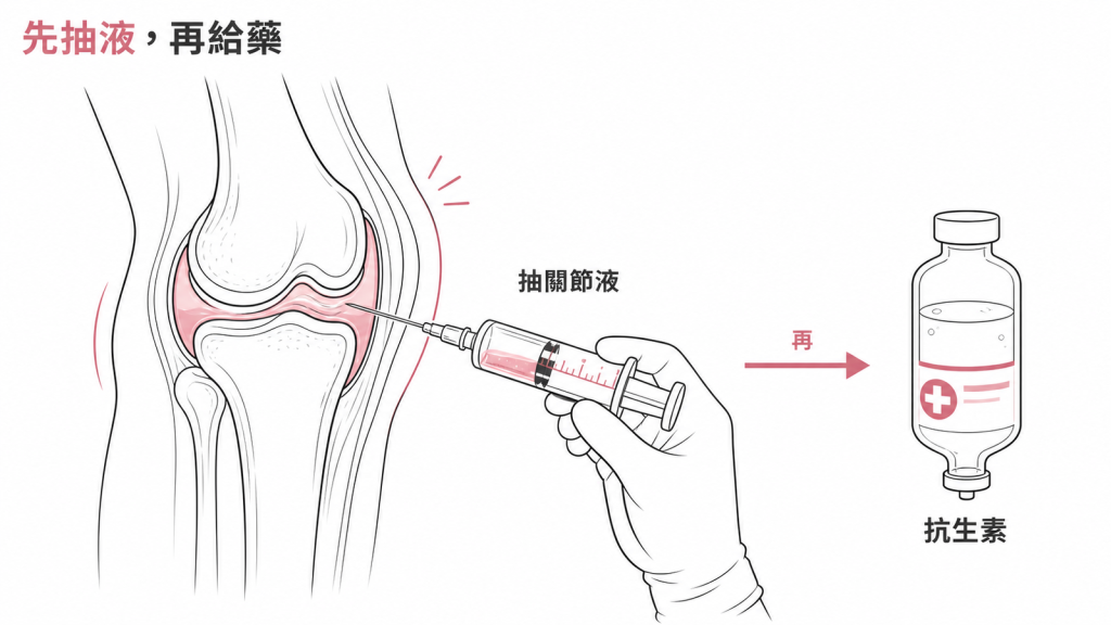 懷疑關節感染時的正確順序:先抽關節液採檢,再開始經驗性抗生素治療