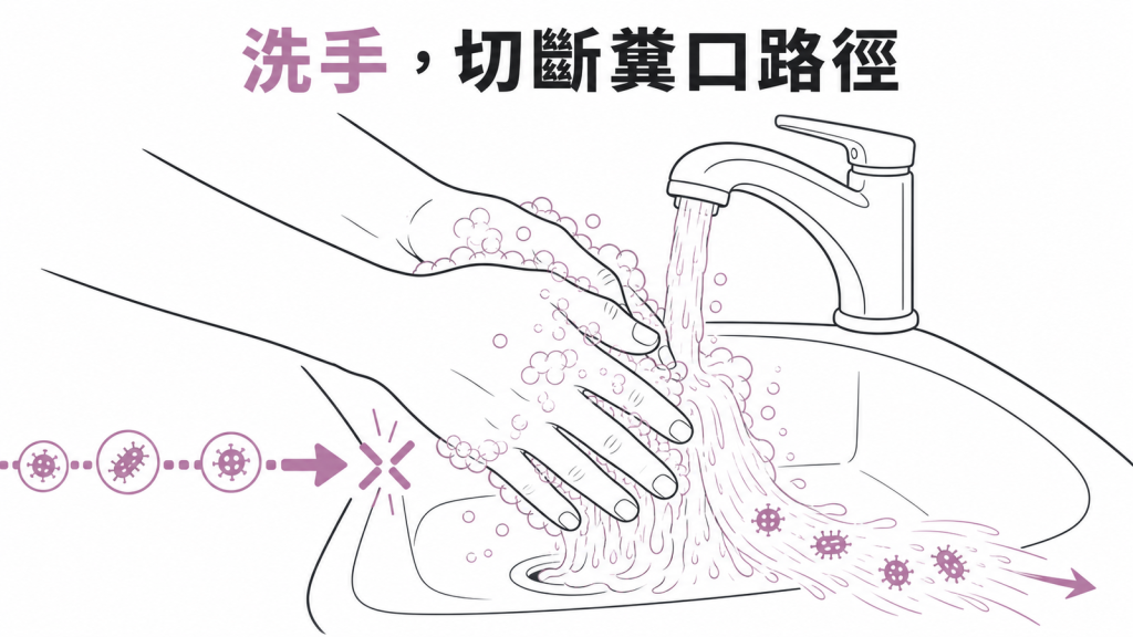 洗手阻斷幽門螺旋桿菌糞口傳播線稿圖