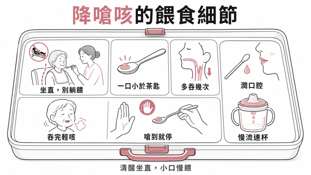 降嗆咳的餵食細節：坐直別躺餵、一口小於茶匙、多吞幾次、吞完輕咳、濕棉棒潤口腔、慢流速杯、嗆到就停，清醒坐直小口慢餵