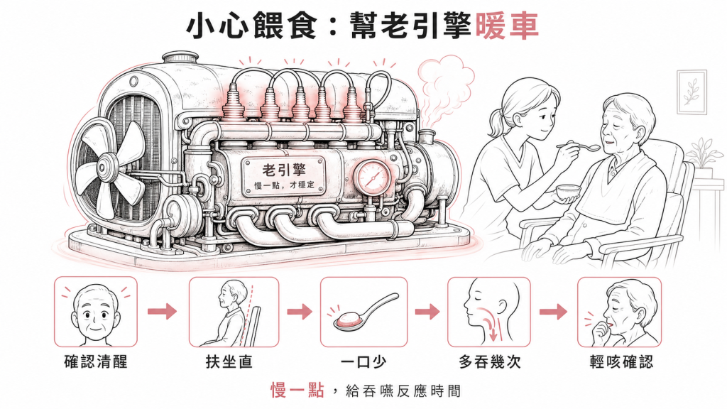 小心餵食像幫老引擎暖車，餵前確認清醒、扶坐直、一口給少一點、提醒多吞幾次、吞完輕咳確認，慢一點給吞嚥反應時間