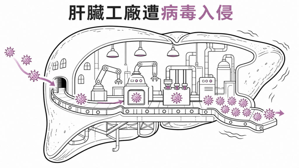 C型肝炎病毒在肝臟複製並引發發炎的線稿圖