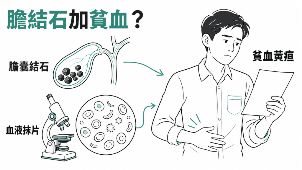 遺傳性溶血性貧血與膽結石：膽囊內黑色色素結石、血液抹片紅血球形態異常與貧血黃疸表現