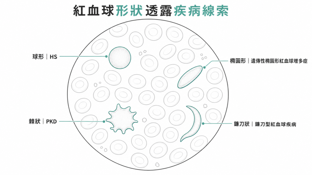 周邊血液抹片的紅血球形狀指向不同疾病：球形對應遺傳性球形紅血球增多症、棘狀對應丙酮酸激酶缺乏症、橢圓形與鐮刀狀各有對應