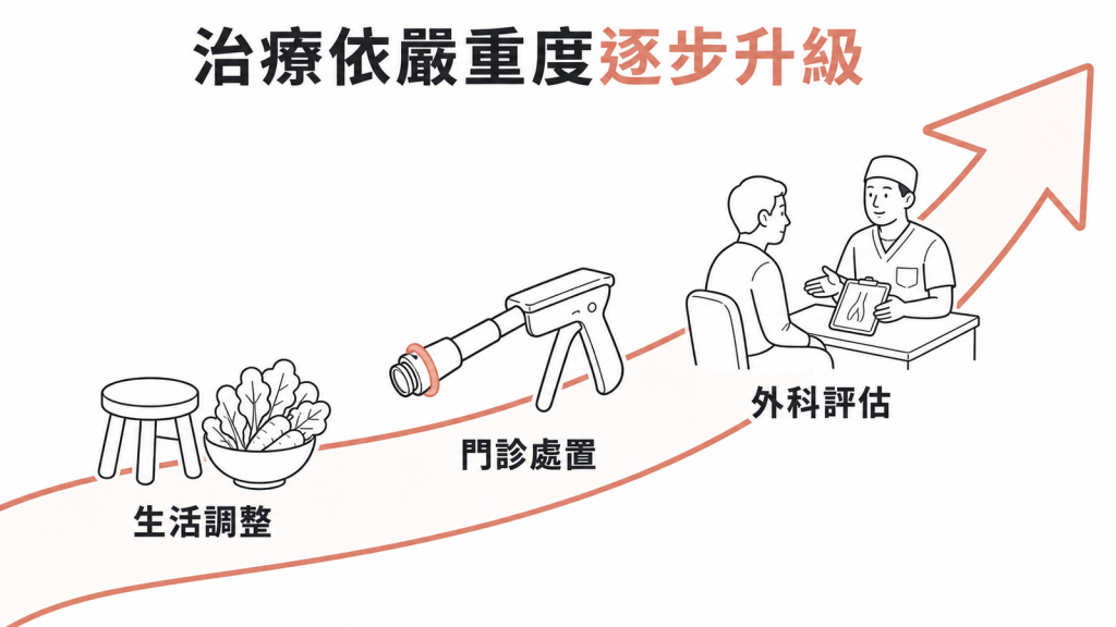 痔瘡治療依嚴重度從生活調整逐步升級
