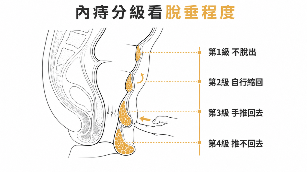 內痔四級依脫垂與回縮程度分級
