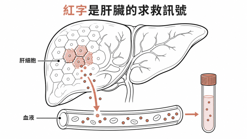肝細胞受損後酵素進入血液,抽血可能出現紅字