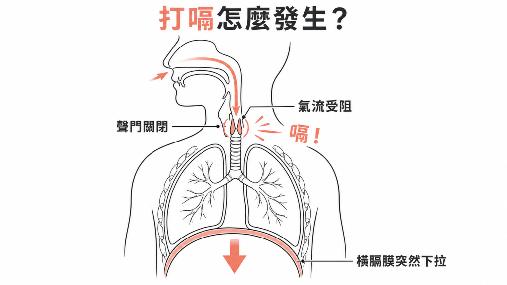 打嗝的機轉示意圖:橫膈膜突然下拉、聲門關閉造成氣流受阻