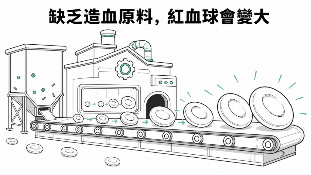 缺乏造血原料會使紅血球變大的衛教圖