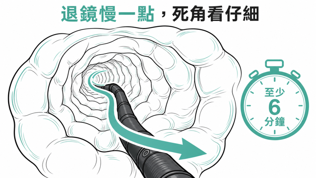 大腸鏡退鏡觀察至少六分鐘,才能仔細檢查死角