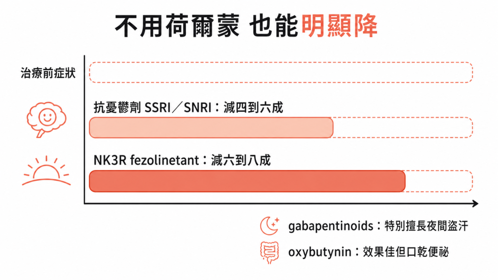 非荷爾蒙藥治熱潮紅：SSRI SNRI比治療前減四到六成、NK3R fezolinetant減六到八成