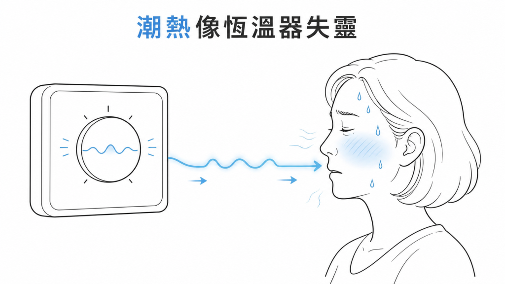 更年期雌激素下降使體溫調節過度敏感而出現潮熱的衛教圖