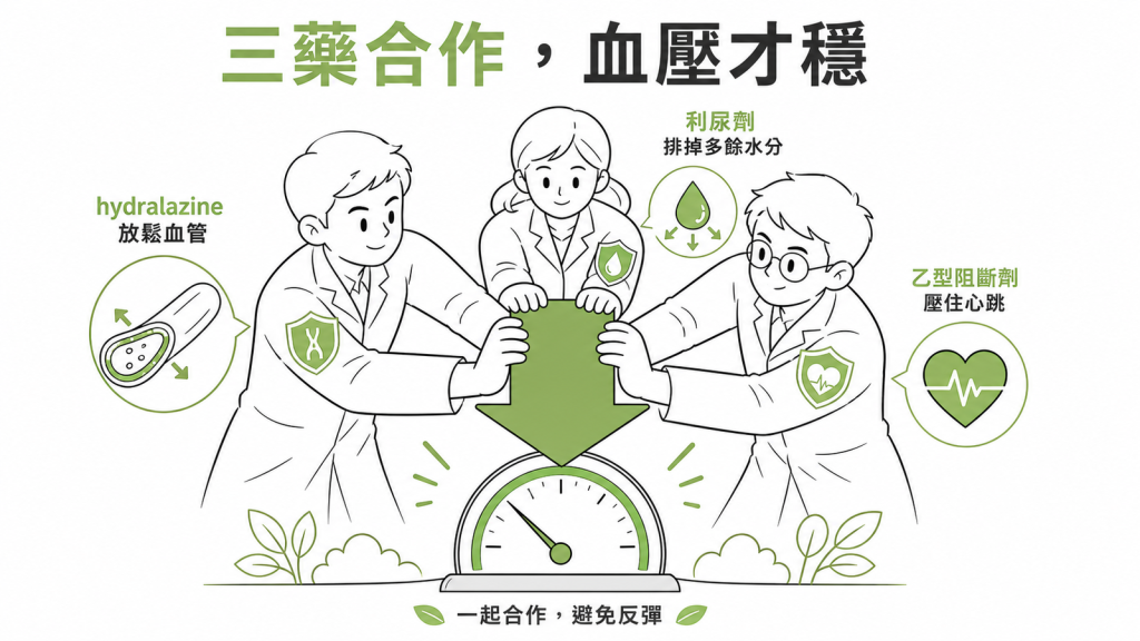 hydralazine常需搭配利尿劑排水與乙型阻斷劑壓心跳，三藥合作血壓才壓得穩