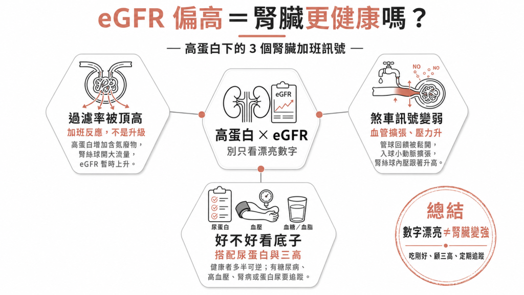 eGFR 腎絲球過濾率偏高不等於腎臟變好,高蛋白飲食推高過濾率的加班訊號資訊圖