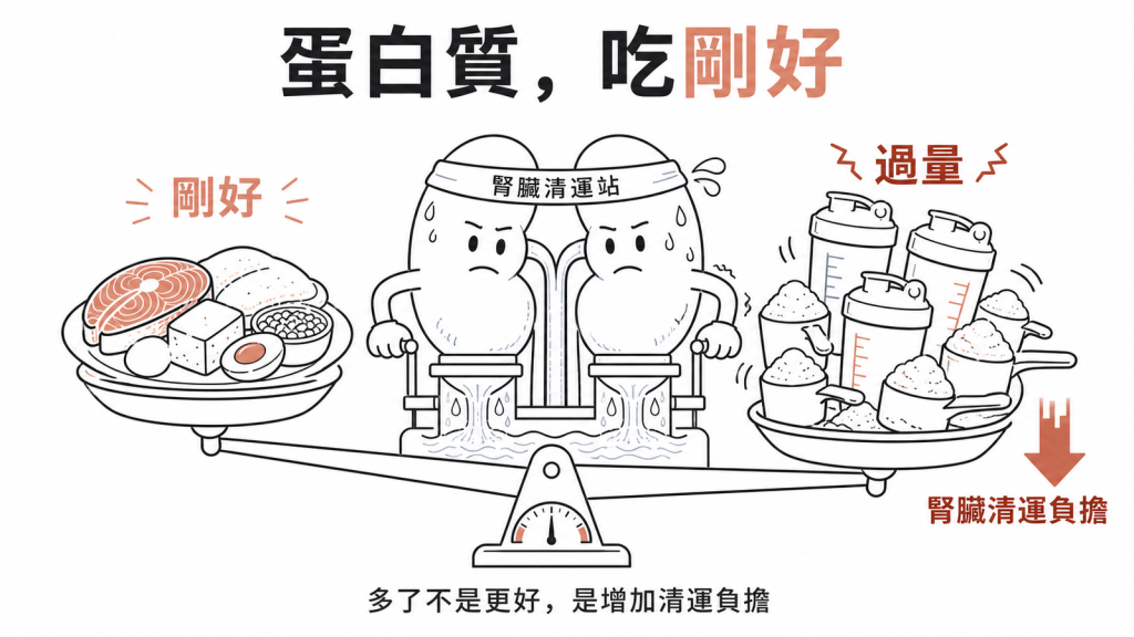 天平比喻:蛋白質吃剛好對腎臟溫和,過量蛋白粉會增加腎臟清運負擔