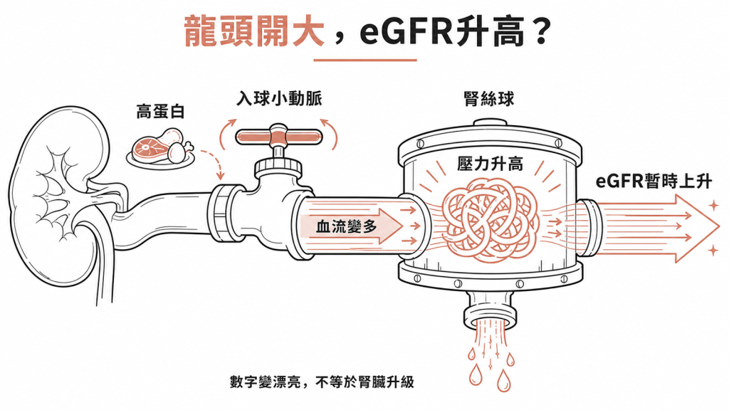 水龍頭比喻:高蛋白讓入球小動脈擴張、血流變多、腎絲球內壓力升高,eGFR 暫時上升