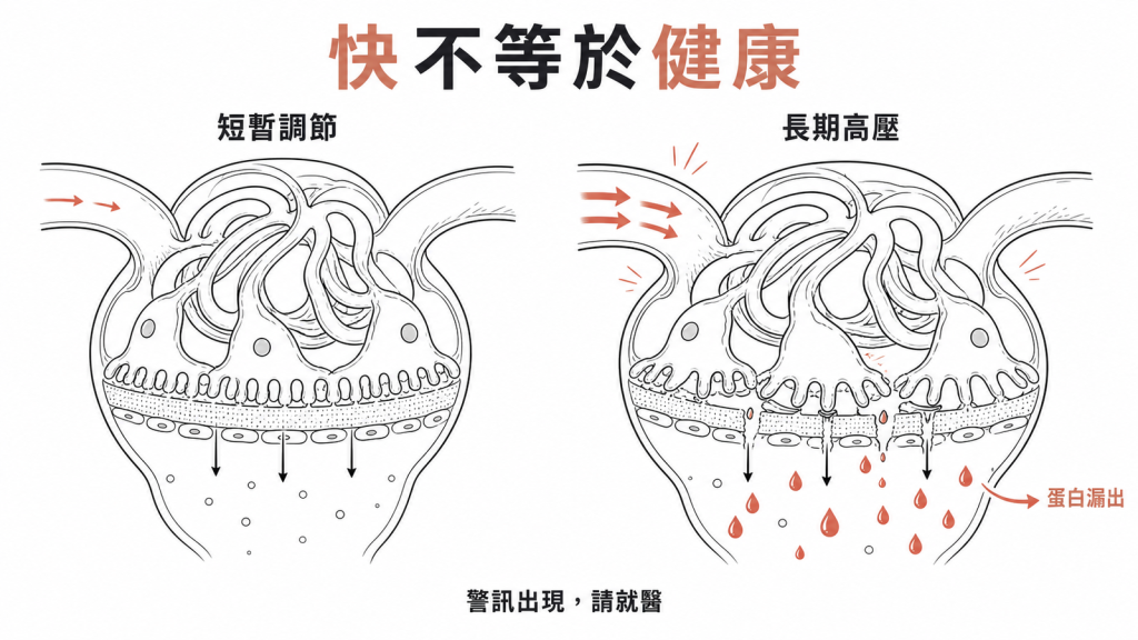 腎絲球短暫調節屬正常,長期高壓過濾會傷害濾網導致蛋白漏出,過濾快不等於腎臟健康