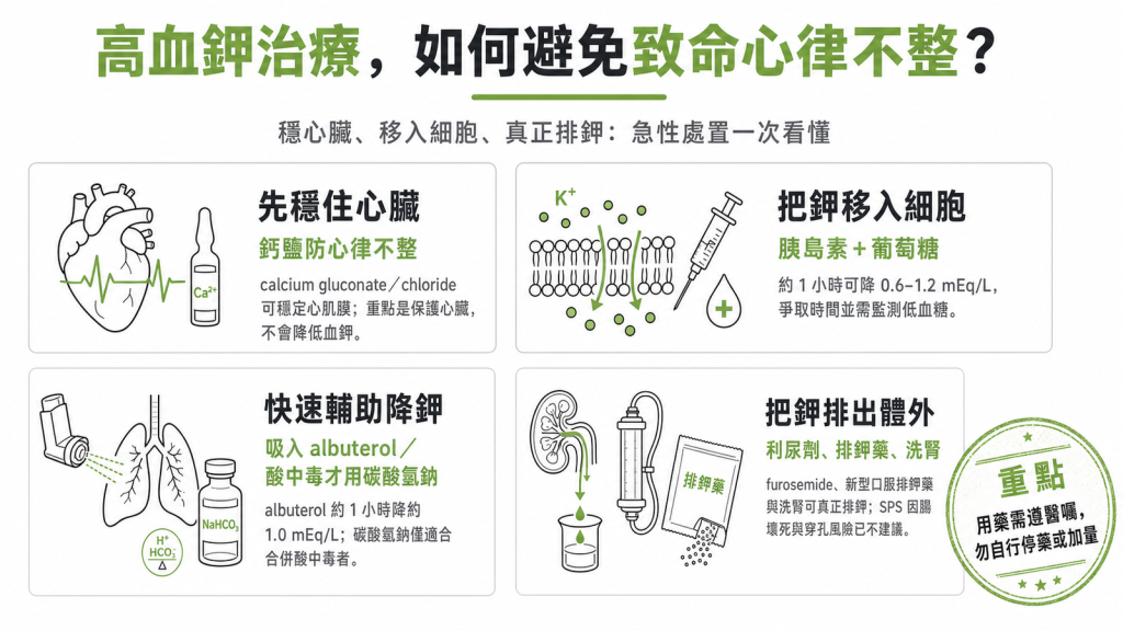 高血鉀治療三線圖解：鈣鹽穩住心臟、胰島素把鉀移進細胞、利尿劑與口服排鉀藥或洗腎把鉀排出體外