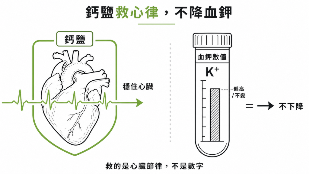 鈣鹽穩住心臟避免致命心律不整，但不會降低血鉀數值