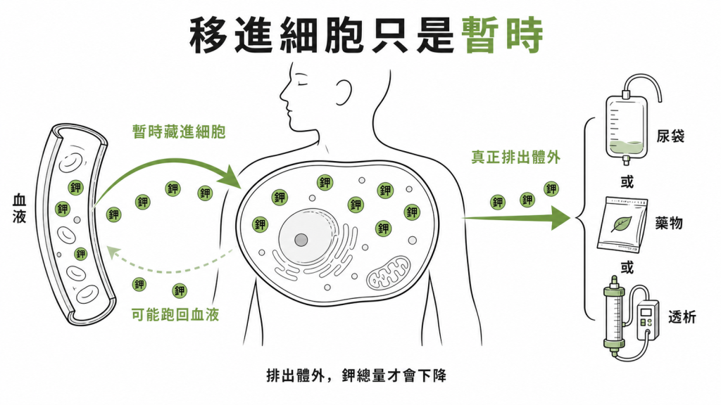 把鉀移進細胞只是暫時降低血鉀，靠利尿劑、口服排鉀藥或洗腎排出體外才會讓鉀總量真正下降
