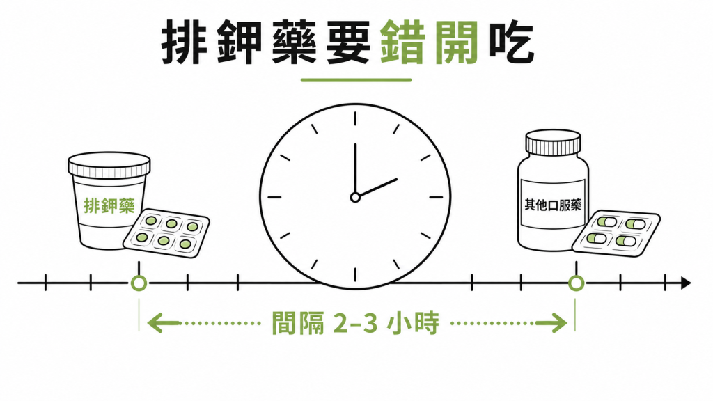 口服排鉀藥要與其他口服藥錯開時間服用，間隔約二到三小時