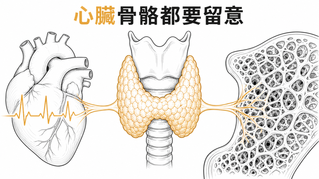 亞臨床甲狀腺亢進需留意心臟與骨骼風險的衛教圖