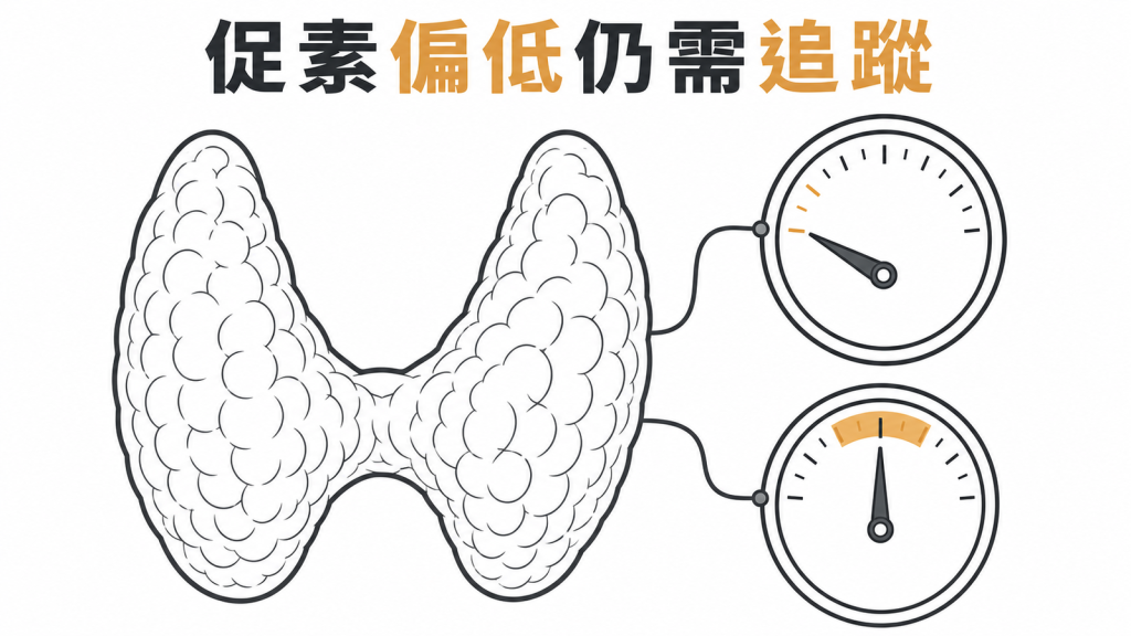 甲狀腺促素偏低但甲狀腺素正常仍需追蹤的衛教圖