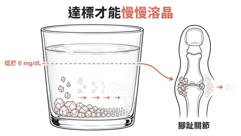 尿酸低於目標才能溶解結晶