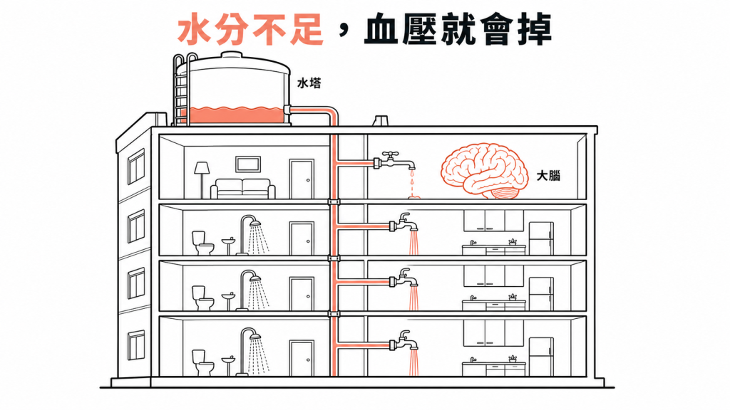 體液不足像水塔缺水,會使血壓下降