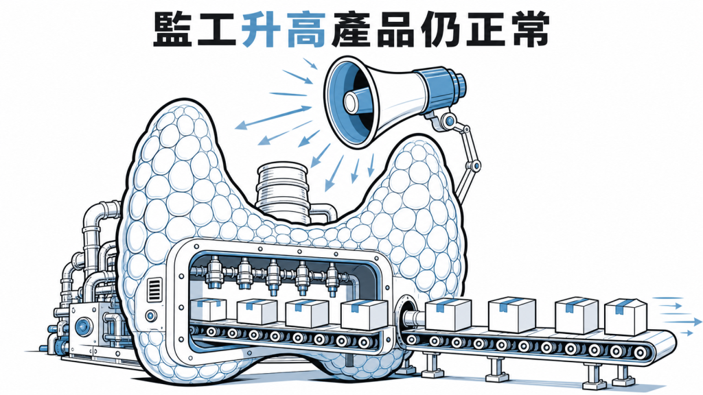 甲狀腺刺激素升高但游離甲狀腺素正常像工廠加班的衛教圖