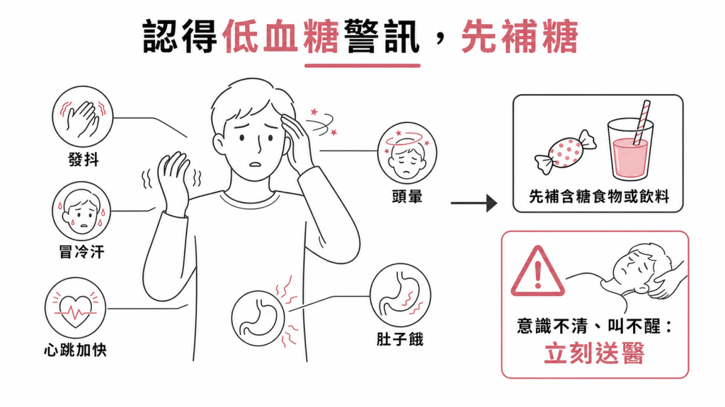 低血糖警訊與處置：發抖、冒冷汗、心跳加快、頭暈、肚子餓時先補含糖食物或飲料，意識不清叫不醒要立刻送醫