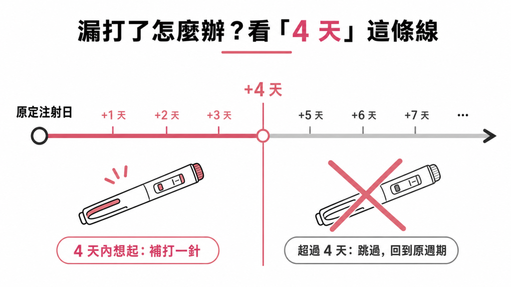 漏打處理時間軸：原定注射時間4天內想起可補打一針，超過4天就跳過、回到原本每週週期，不要連打兩針；實際仍依醫師指示