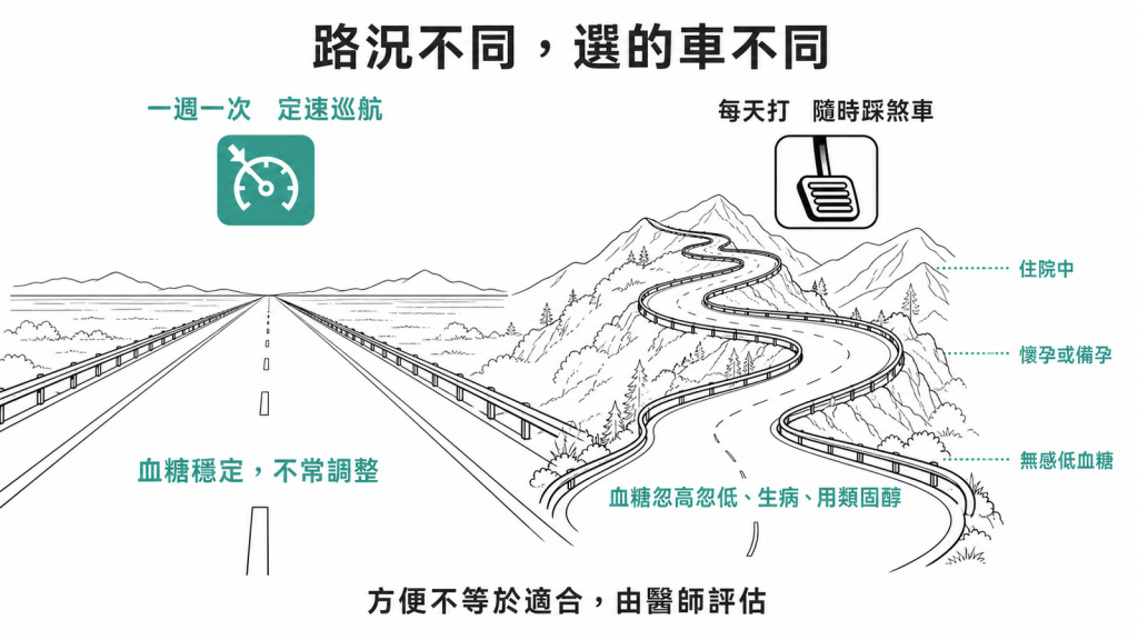 一週一次與每天打胰島素適用情境道路比喻圖:血糖穩定走定速巡航,血糖忽高忽低、住院、懷孕備孕、無感低血糖留每日針