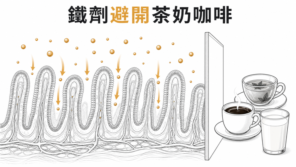 鐵劑應與茶咖啡牛奶錯開以免影響吸收的衛教圖