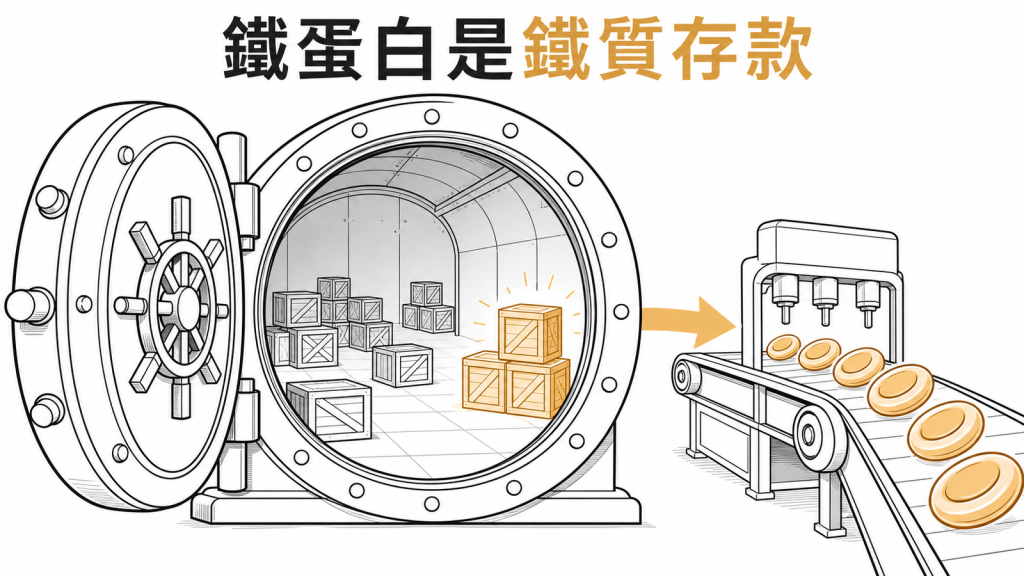 鐵蛋白像身體鐵質存款用盡後才出現貧血的衛教圖