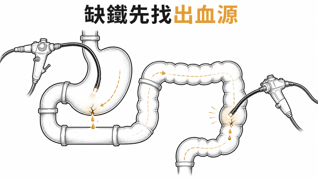 男性或停經後女性缺鐵應優先找腸胃道出血源的衛教圖