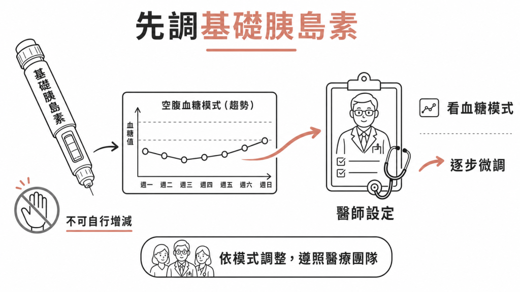 胰島素劑量調整原則：先調基礎胰島素，依空腹血糖模式逐步微調，由醫師設定方案，不可自行增減