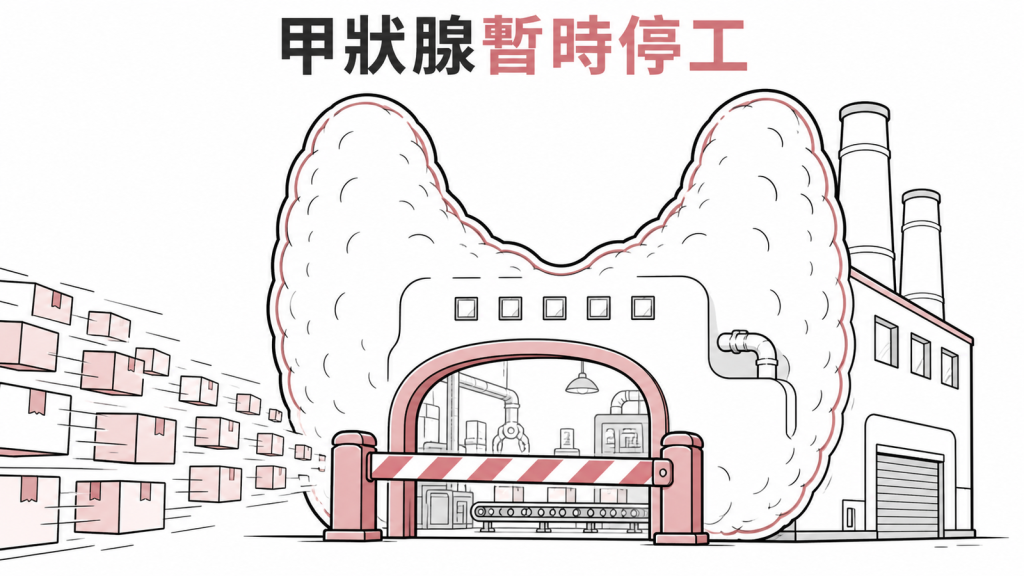 甲狀腺面對含碘顯影劑時暫時降低運作的示意圖
