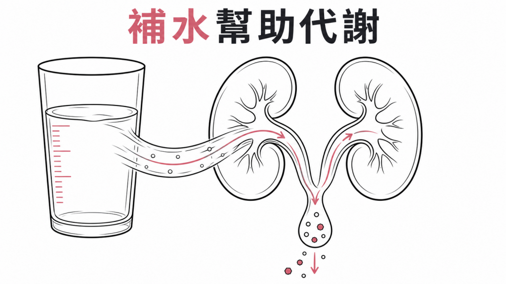 含碘顯影劑檢查後補充水分幫助腎臟代謝示意圖